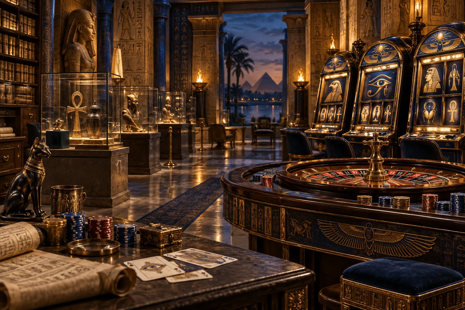 Egyptian casino archive with roulette table, slot machines, gaming chips and playing cards